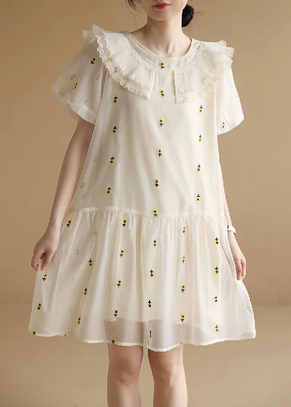 summer floral dressItalian White O-Neck Embroideried Tulle Vacation Dresses Short Sleeve