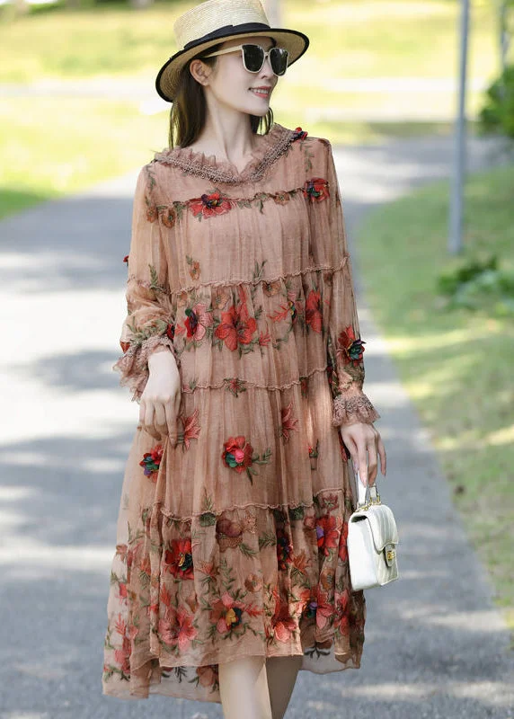 Deal of the Week stylish dressLoose Khaki Embroideried Patchwork Ruffled Silk Hooded Dress Spring
