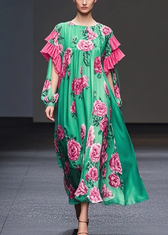 Limited Stock playful dressBeautiful Green Floral Print Ruffles Silk Velvet Dresses Fall Limited Stock playful dressBeautiful Green Floral Print Ruffles Silk Velvet Dresses Fall