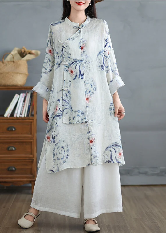 YEAR-End Sale knit dressArt White Oversized Print Linen Oriental Dress Fall