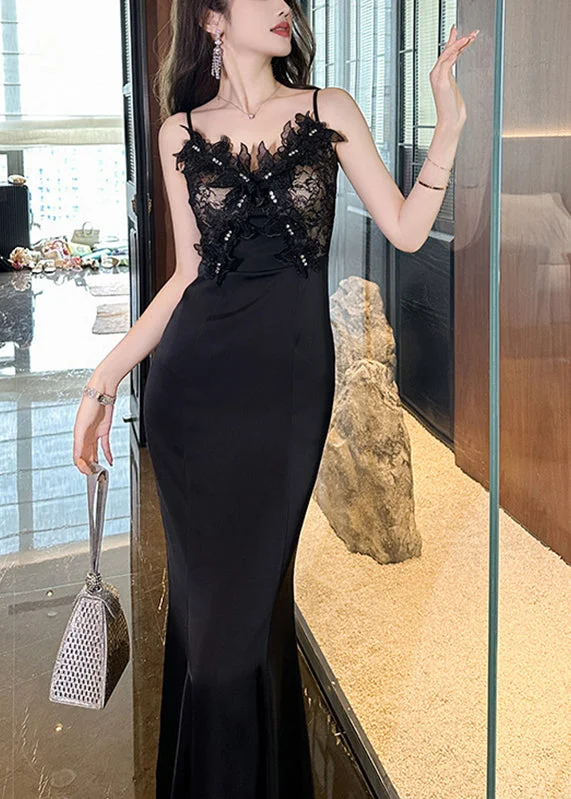 Exclusive Offers cocktail party dressClassy Black V Neck Tulle Patchwork Backless Long Fishtail Dress Summer Exclusive Offers cocktail party dressClassy Black V Neck Tulle Patchwork Backless Long Fishtail Dress Summer