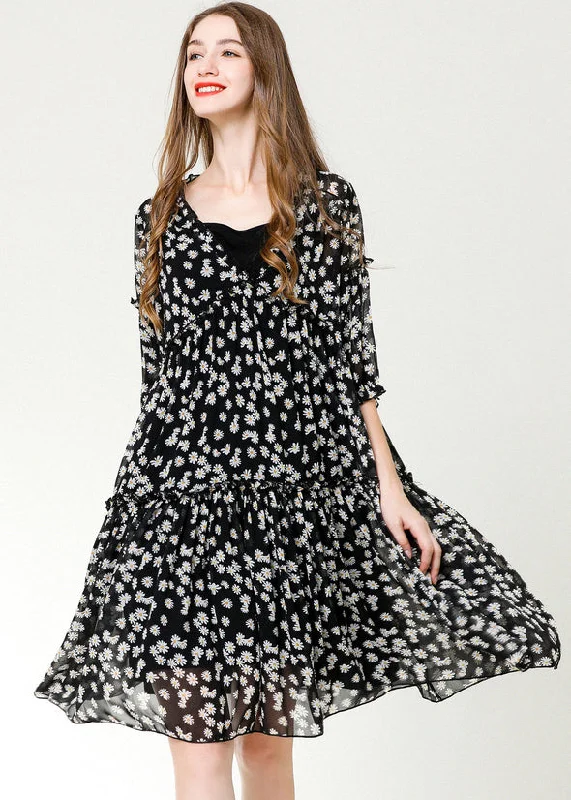 long sleeve dressCasual Black Ruffled Print Chiffon Beach Dresses Bracelet Sleeve