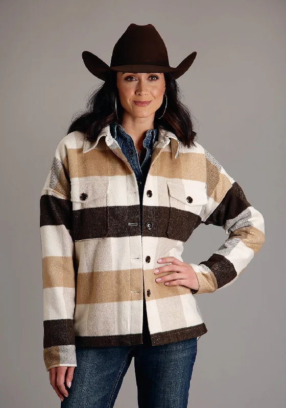 comfortable outerwearStetson Womens Earthtone Plaid Brown Wool Blend Wool Jacket