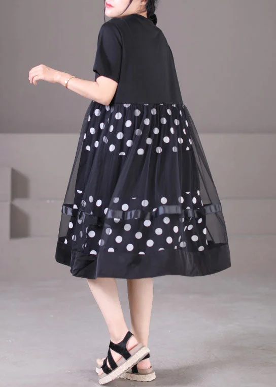 Price Drop long-sleeve floral dressPlus Size Black O-Neck Tulle Patchwork Dot Print Cotton Maxi Dress Short Sleeve