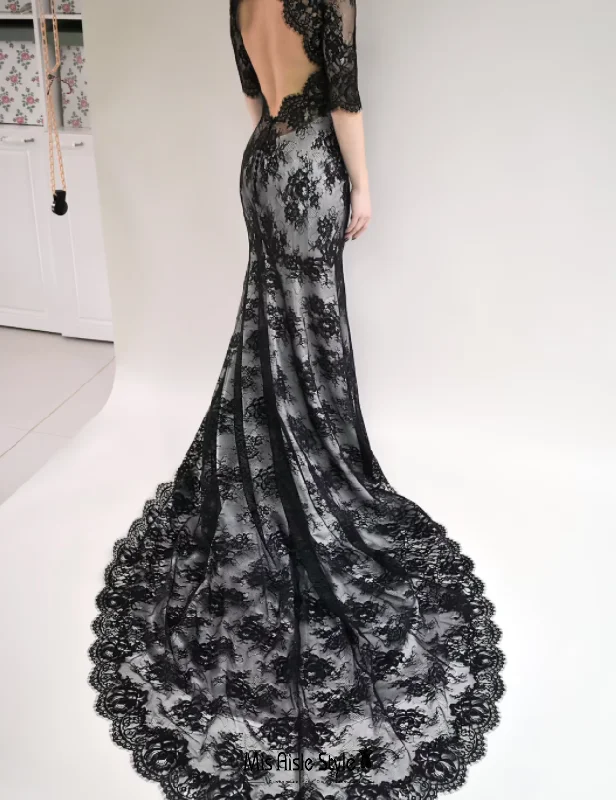 Savings Event party dressMermaid Half Sleeve White and Black Wedding Dress