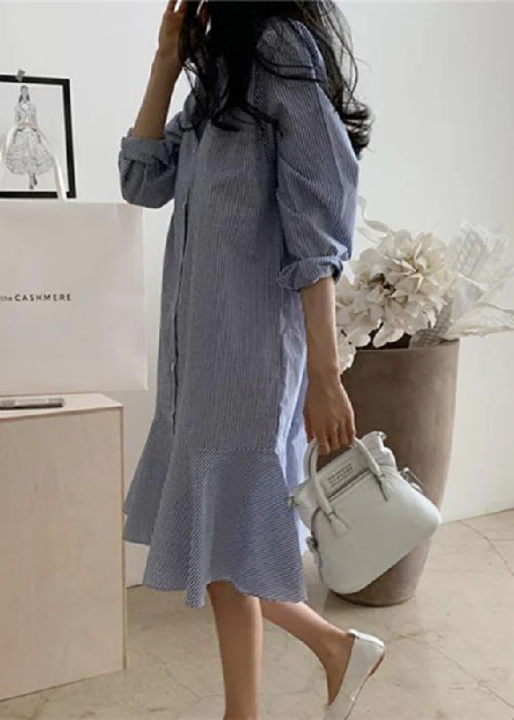 cocktail dressWomen Blue Striped Peter Pan Collar Ruffles Cotton Shirt Dress Spring