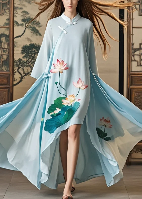 form-fitting dressChic Sky Blue Asymmetrical Lotus Print Chiffon Oriental Dress Spring