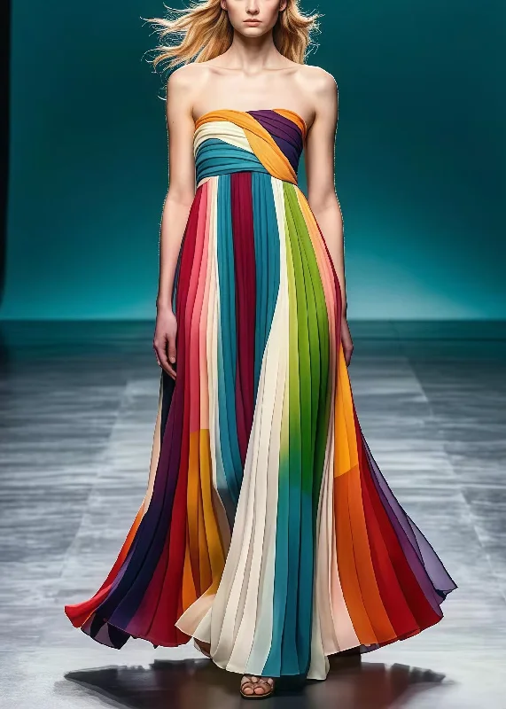 party-ready dressModern Rainbow Wrinkled Silm Fit Chiffon Strapless Dress Summer