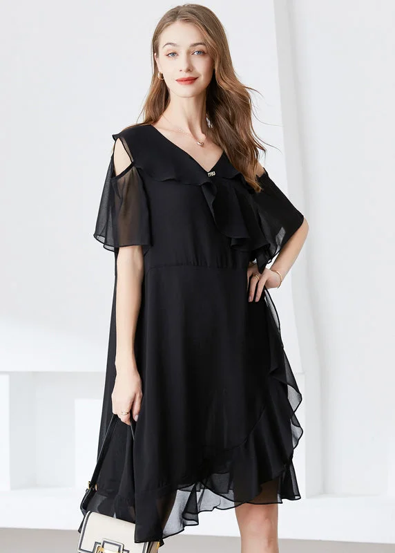 velvet dressElegant Black Cold Shoulder Ruffles Chiffon Maxi Dresses Summer