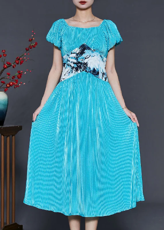 Act Now boho dressModern Blue Silm Fit Patchwork Silk Dress Puff Sleeve