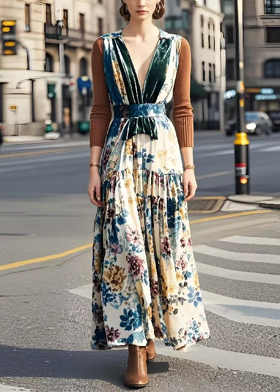 party-ready dressElegant V Neck Patchwork Print Silk Velvet Long Dress Spring