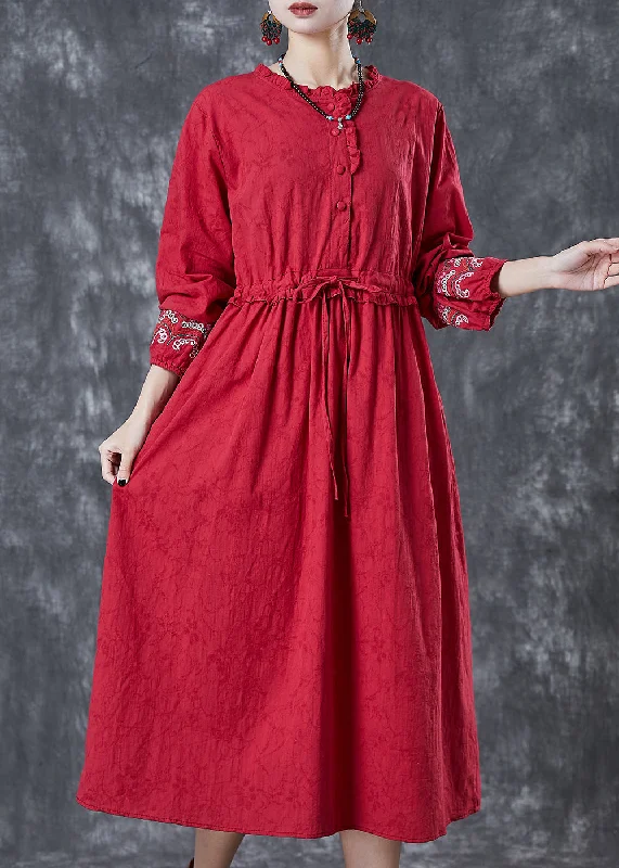 Closeout trendy mini dressVintage Red Embroidered Jacquard Cotton Cinched Dresses Fall Closeout trendy mini dressVintage Red Embroidered Jacquard Cotton Cinched Dresses Fall