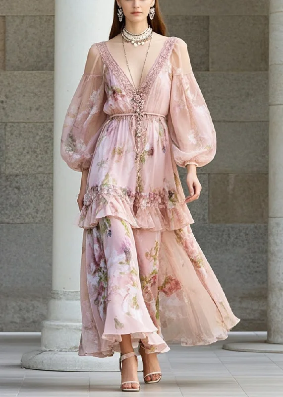 Discount Deals vintage dressFine Pink V Neck Print Ruffles Chiffon Holiday Dresses Fall