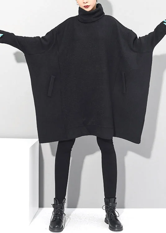 casual summer dressCasual Black Turtleneck Knit Mid Dresses Batwing Sleeve