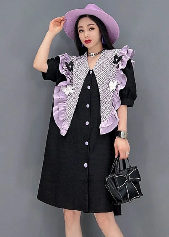 pleated maxi dressStylish Black Peter Pan Collar Patchwork Ruffled Floral Cotton Dresses Short Sleeve