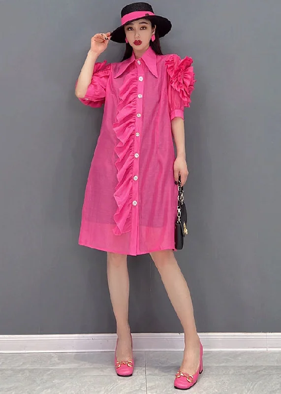 summer dressFashion Rose Peter Pan Collar Patchwork Ruffles Silk Maxi Dresses Short Sleeve