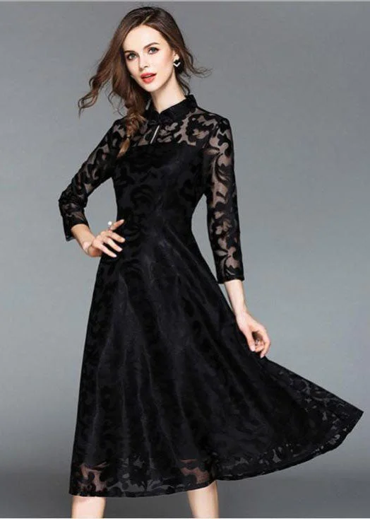 Instant Discount long sleeve dressBlack Embroideried Lace Vintage Dress Stand Collar Fall