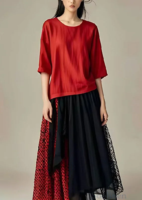 Overstock denim dressOriginal Red O Neck Tulle Patchwork Long Dress Half Sleeve