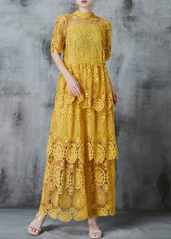 classic fit-and-flare dressBoutique Yellow Hollow Out Lace Long Dress Summer