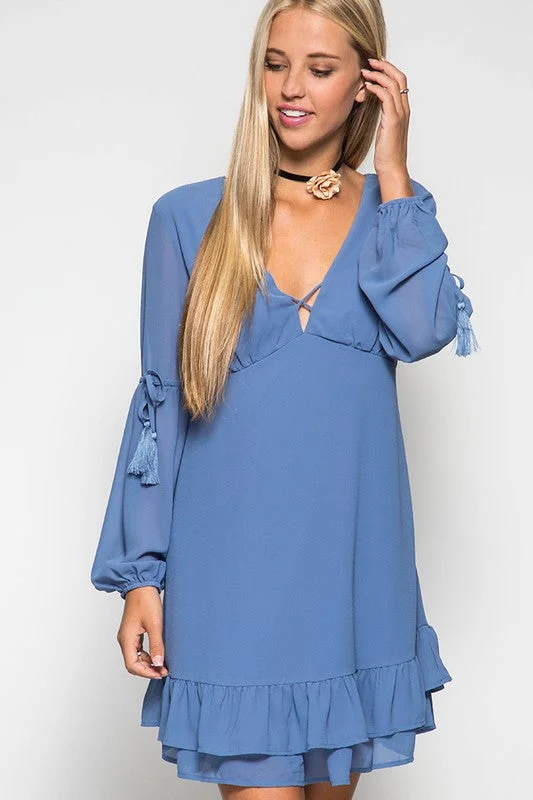 chic slip dressRuffled Hem Dress W/ Tassel Ties