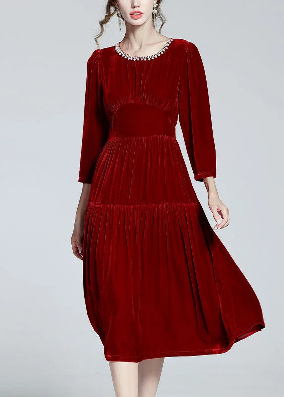 Today Only evening dressUnique Red O Neck Zircon Patchwork Silk Velour Dresses Spring