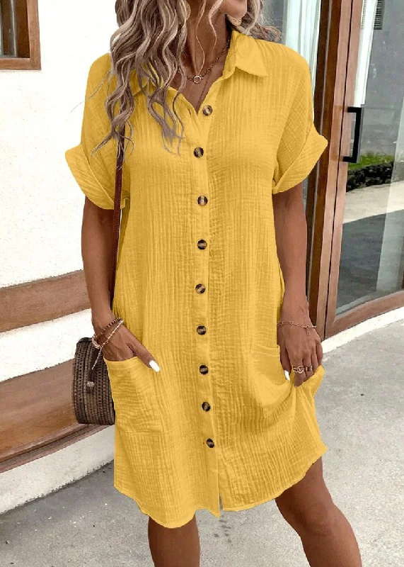 Savings Alert party-ready dressYellow Button Solid Cotton Dress Peter Pan Collar Short Sleeve