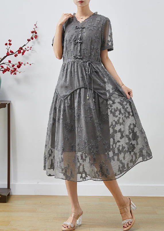 Overstock Sale flowy maxi dressCasual Grey Cinched Jacquard Chiffon Dress Summer