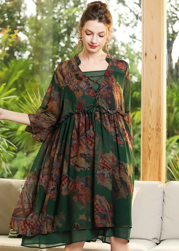 lace dressChic Green Print Ruffled Cross Strap Chiffon Dress Flare Sleeve