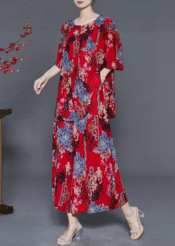 elegant evening dressRed Print Cotton Women Sets 2 Pieces Oversized Summer