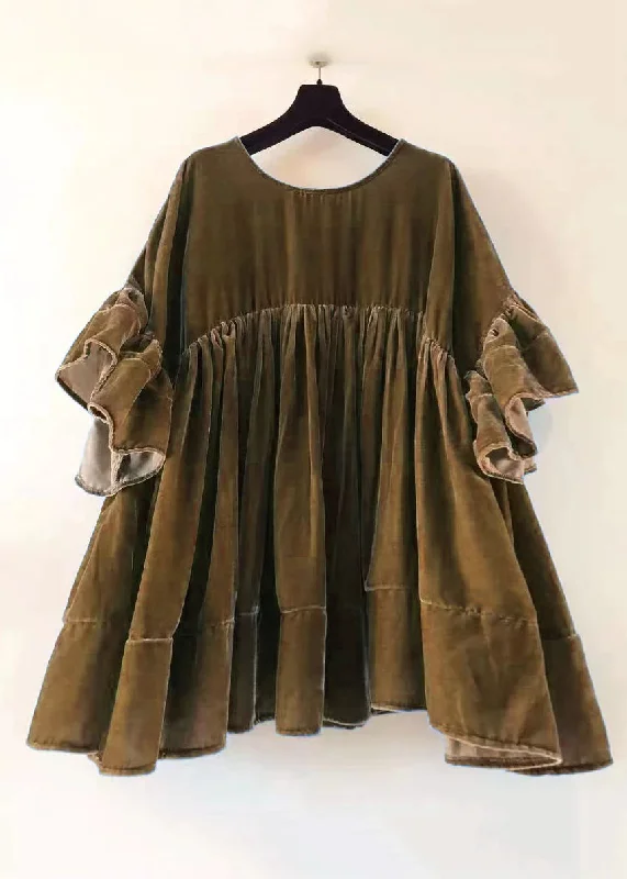 boho dressPlus Size Brown Wrinkled Patchwork Velour Short Dress Butterfly Sleeve