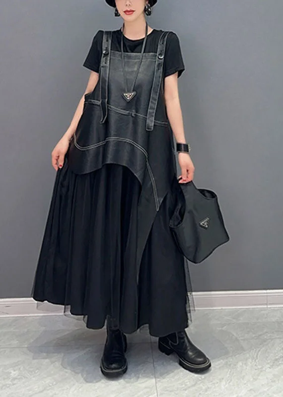 Exclusive Preview elegant maxi dressVintage Black Oversized Patchwork Faux Leather Straps Pleated Dress Summer Exclusive Preview elegant maxi dressVintage Black Oversized Patchwork Faux Leather Straps Pleated Dress Summer