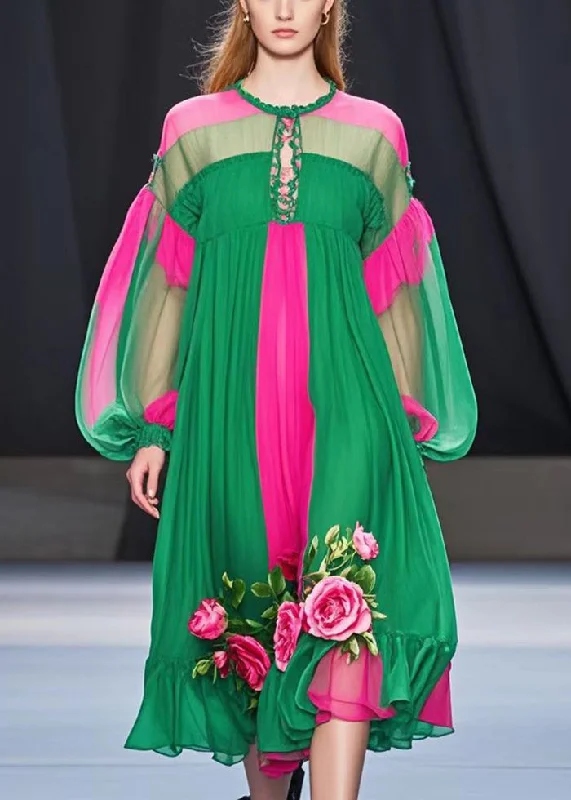 Special Promotion floral midi dressClassy Colorblock Oversized Patchwork Flower Chiffon Dress Fall