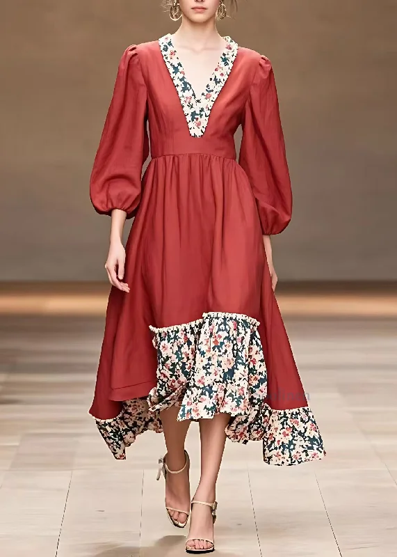 Early Access casual shift dressOrganic Red Ruffled Print Long Dresses Fall