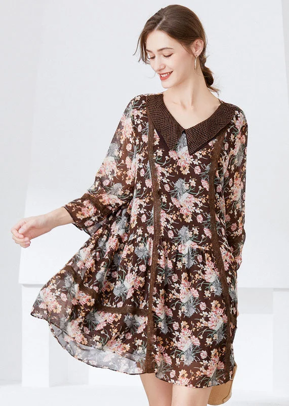 layered dressFitted Coffee Peter Pan Collar Patchwork Print Chiffon Dresses Bracelet Sleeve