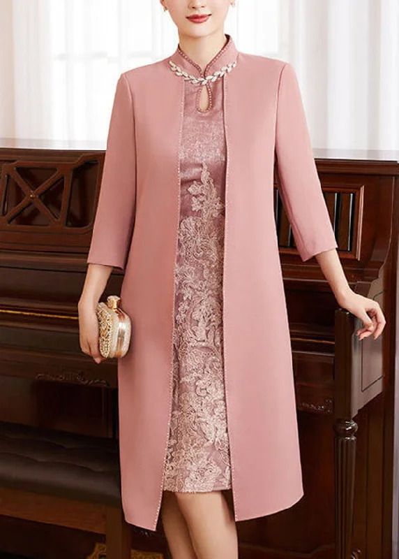 chic shift dressFrench Pink Stand Collar Embroideried Patchwork Zircon Silk Cheongsam Dresses Long Sleeve