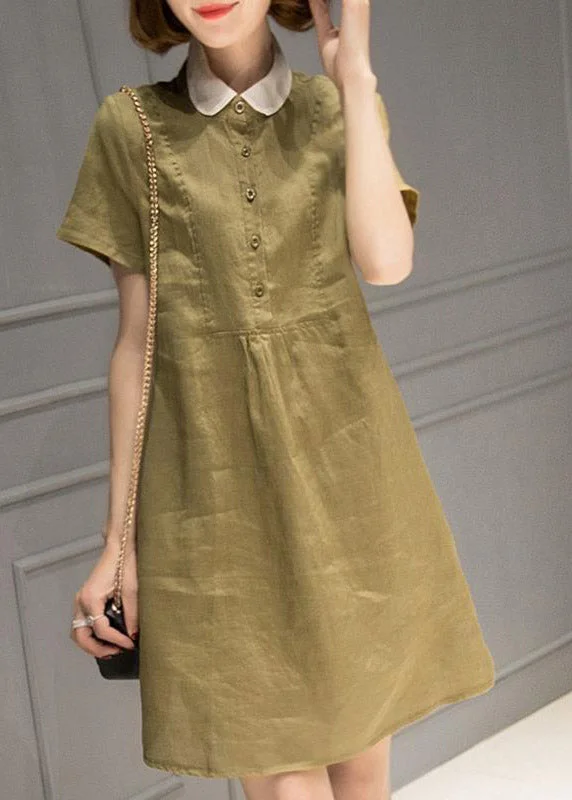 satin dressSimple Blackish Green Peter Pan Collar Button Linen Mid Dress Short Sleeve