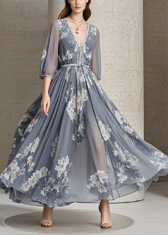 Amazing Deals comfy maxi dressElegant Grey Cinched Exra Large Hem Chiffon Dress Bracelet Sleeve