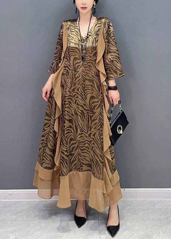Savings Spectacular ruched dressStyle Khaki V Neck Patchwork Zebra Pattern Silk Dress Bracelet Sleeve
