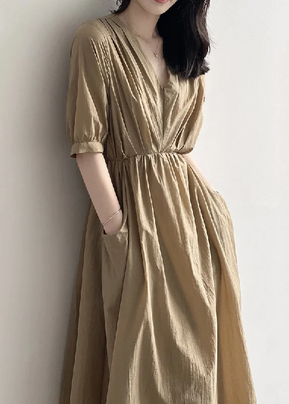 trendy bodycon dressElegant Khaki V Neck Pockets Wrinkled Cotton Dress Summer