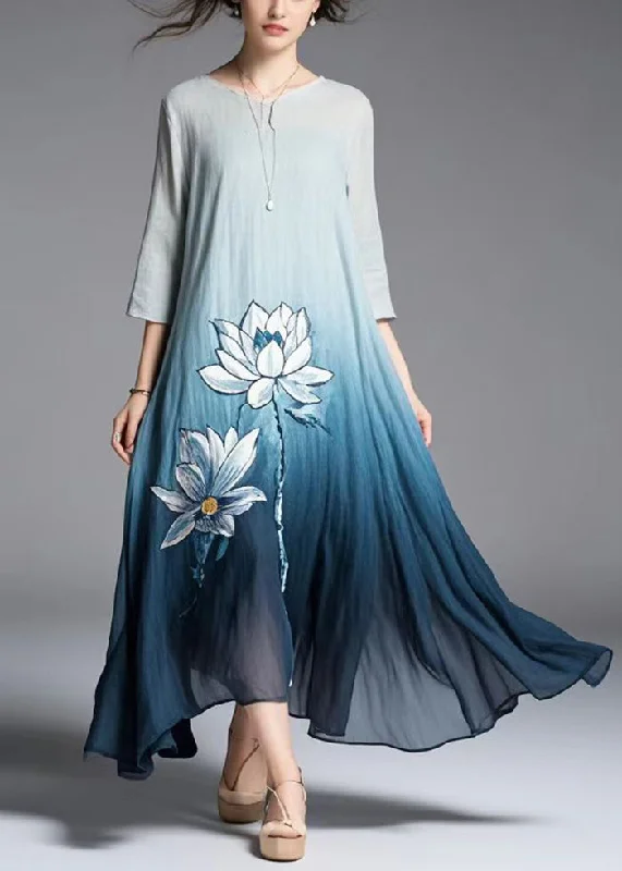 pleated dressElegant Gradient Color Lotus Print Cotton Dress Summer