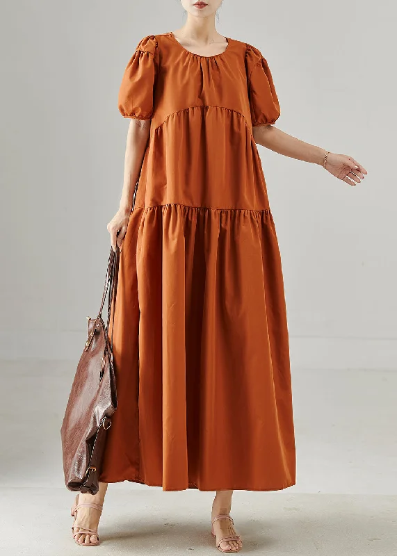 spaghetti strap dressChic Caramel Oversized Patchwork Cotton Long Dresses Puff Sleeve