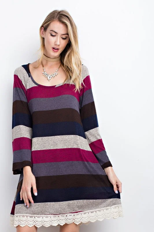 pleated maxi dressColor Block Stripe Knit Dress W/ Lace