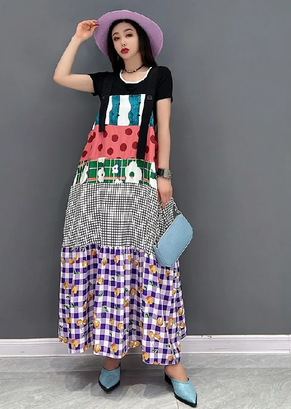 Factory Direct Sale comfy maxi dressBoho Purple O-Neck Patchwork Print Cotton Strap Long Dresses Short Sleeve