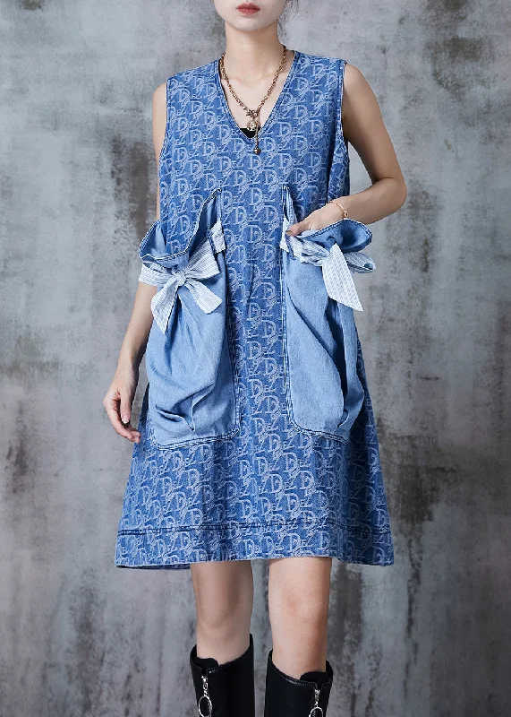 pleated dressClassy Denim Blue Bow Patchwork Big Pockets Mid Dress Summer