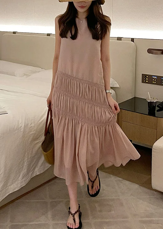 Instant Savings lace-up dressElegant Pink Wrinkled Solid Long Dress Sleeveless