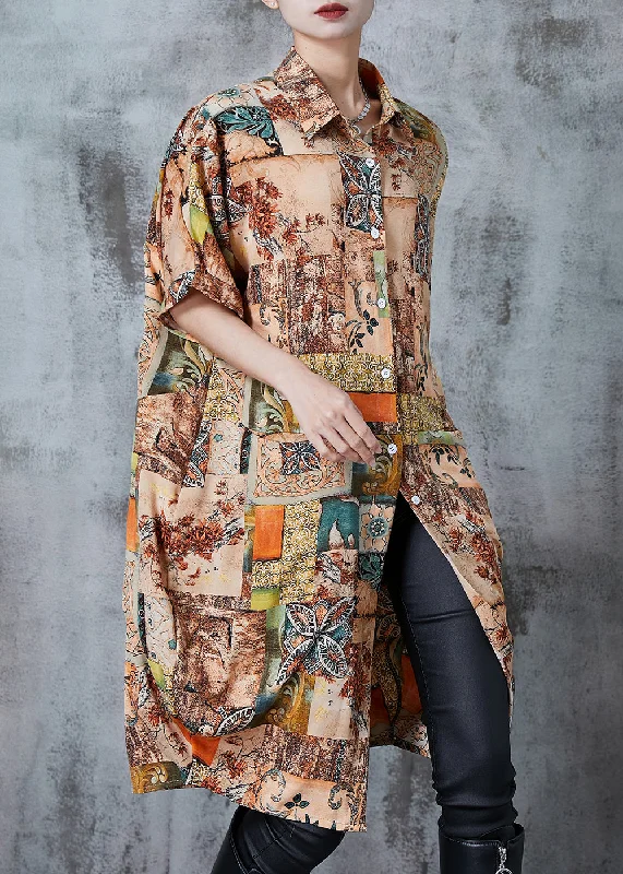 Buy Now knit dressArt Khaki Oversized Print Chiffon Shirt Dress Summer