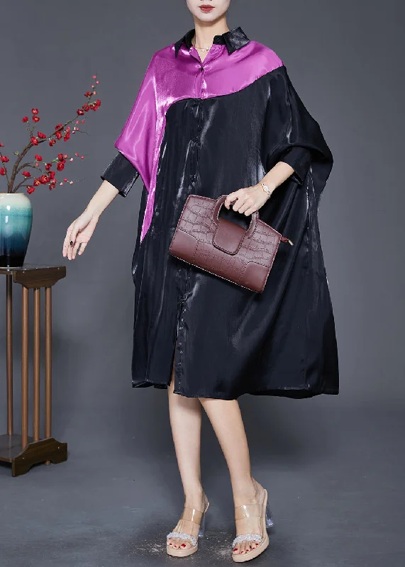 casual shift dressDiy Black Oversized Patchwork Silk Maxi Dress Batwing Sleeve