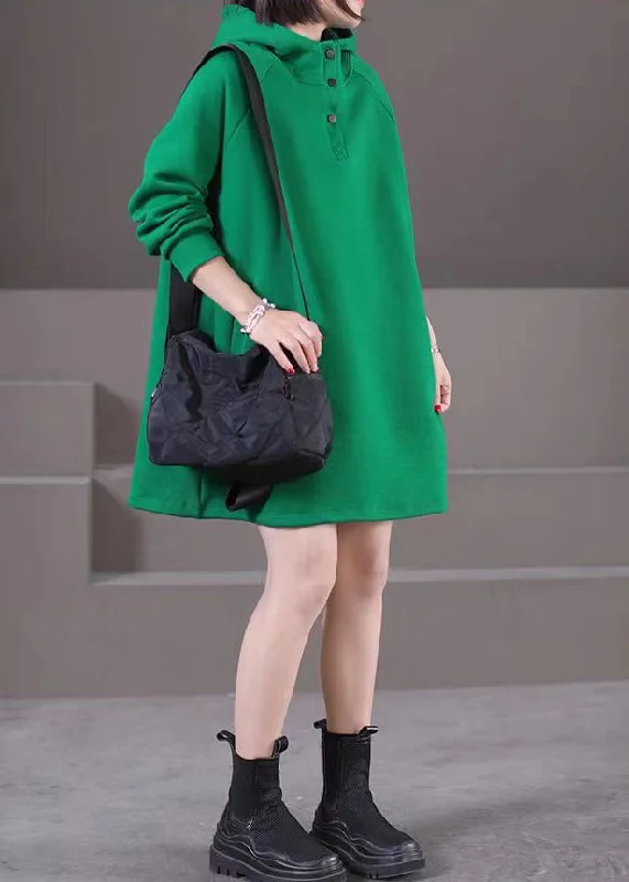 cocktail party dressBrief Green Patchwork Button Hooded Mid Dresses Fall