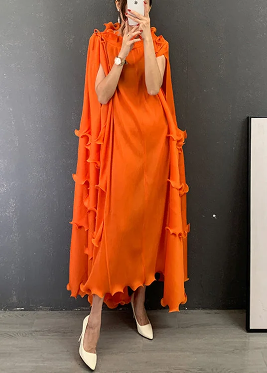Final Markdown casual slip dressItalian Orange O-Neck Ruffled Patchwork Vestidos Dress Short Sleeve