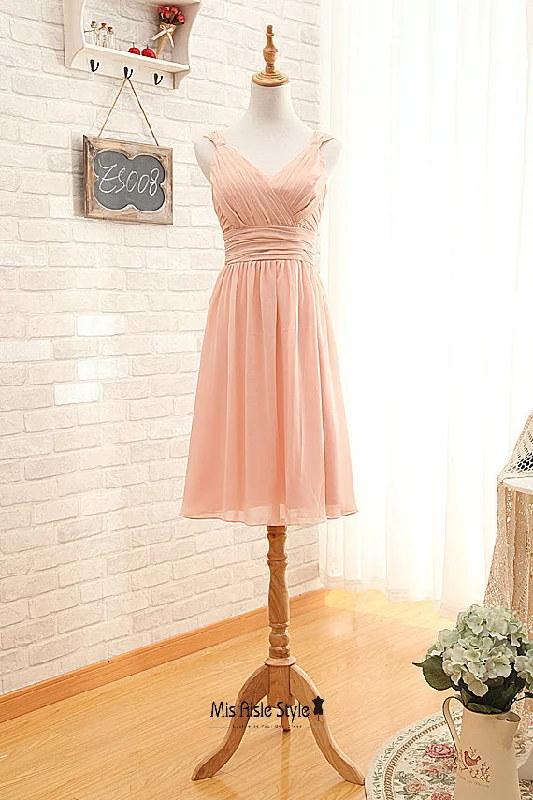 Can't Be Beat puff sleeve dressKnee Length V-neck Blush Bridesmaid Dress